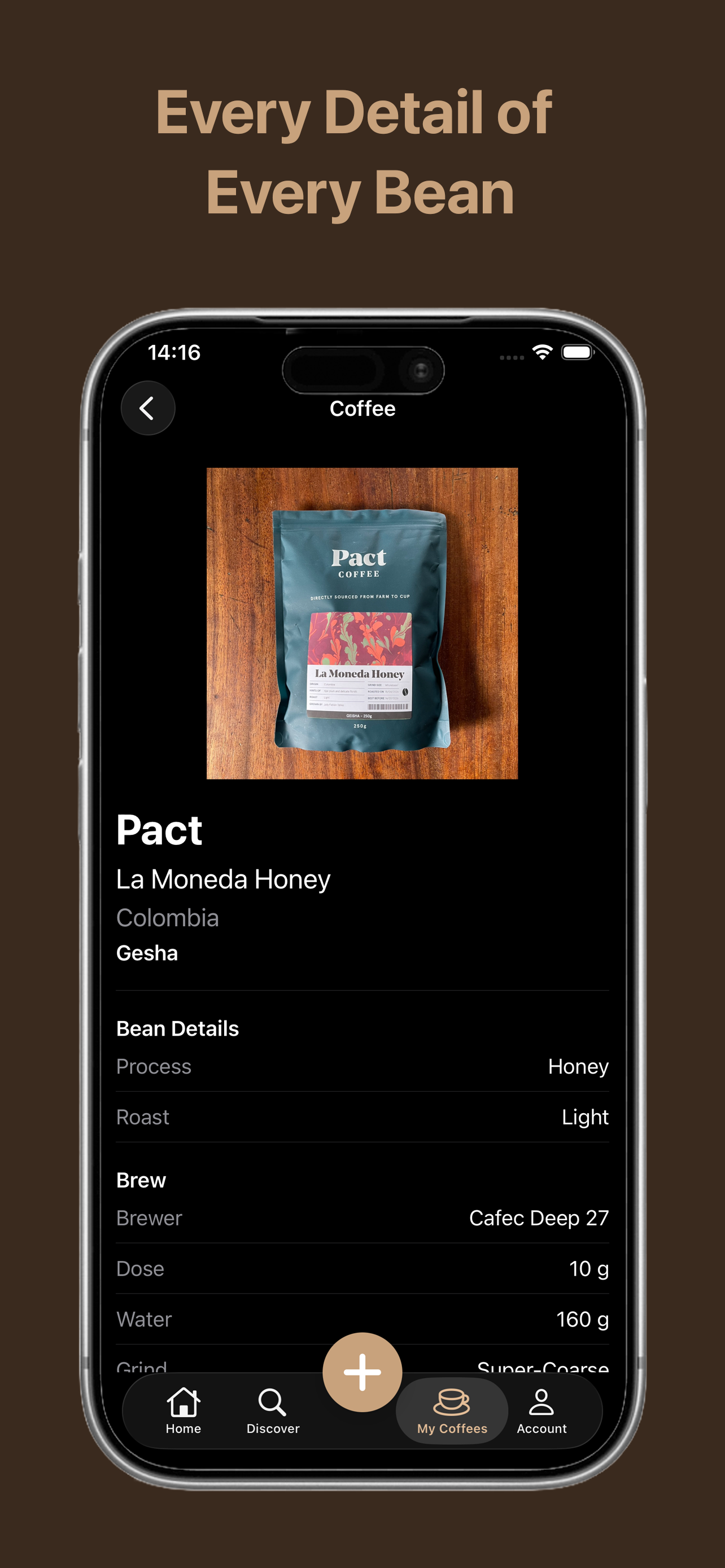 Coffee detail view with full brew parameters