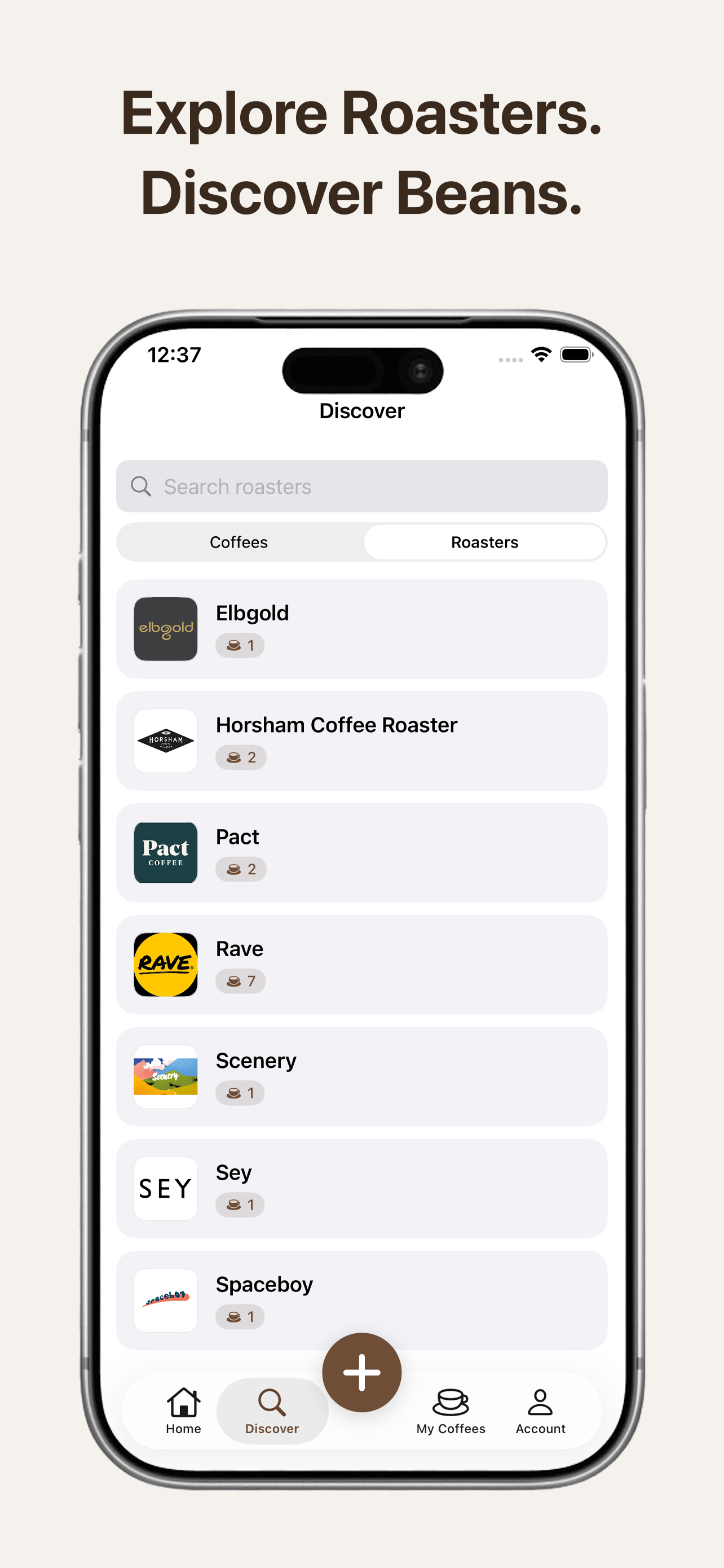 Discover screen showing roasters and community coffees