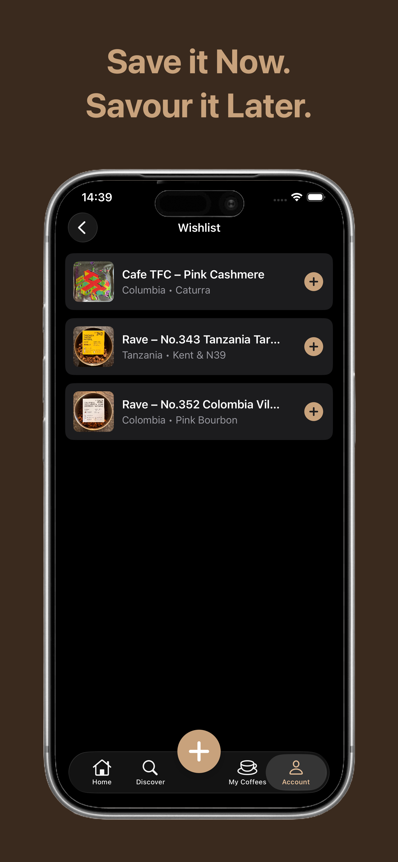 Wishlist screen for saving coffees to try